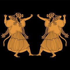 Wall Mural - Symmetrical ethnic design with two dancing ancient Greek men. God of wine Dionysus or Bacchus. Vase painting style. On black background.