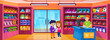 Cute little kids in a toy store want a new doll. Interior of a toyshop with a cashier behind the counter and a collection of toys: car, teddy bear, kite, rocket, train. Cartoon vector illustration.