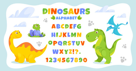 Alphabet poster with cute cartoon dinosaurs for children. Dino font design for kids. Vector illustration of an ABC banner with numbers for preschool, kindergarten or nursery students to learn letters