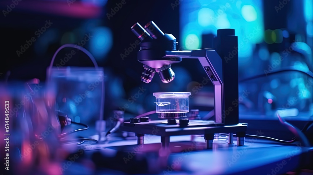 Purple Tech Lab Room blue and purple light laboratory room with microscope, Generative Ai ...
