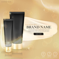 Wall Mural - Layout of golden square banner with luxury skin care cosmetic product. Ad poster with cream smear, text,  light effect and packaging design of black shimmering cream tube.