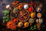 Fototapeta  - Various aromatic colorful spices and herbs. Ingredients for cooking. Ayurveda treatments.
