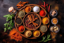 Various Aromatic Colorful Spices And Herbs. Ingredients For Cooking. Ayurveda Treatments.