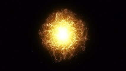 Wall Mural - yellow energy orb background animation. 3d abstract energy sphere ball with orange power rays on dar