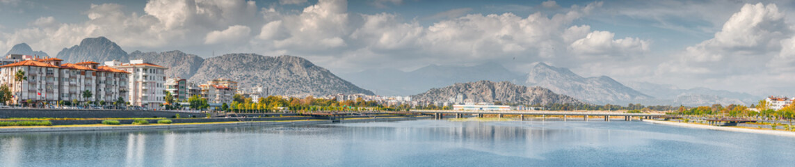 Sticker - Panoramic cityscape view of Antalya resort town, Liman and Hurma district and Taurus mountains in the background