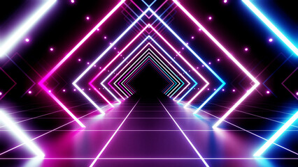 Wall Mural - neon line tunnel glowing fluorescent light corridor stage 3d illustration background