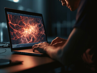 A programmer working on a computer, on a neural network screen, developing a neural network, creating an application for machine learning, artificial intelligence optimization. Focus on hands