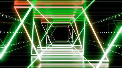 Wall Mural - neon line tunnel glowing fluorescent light corridor stage 3d illustration background