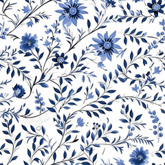  Seamless floral pattern, tileable blue and white country style print with flowers for wallpaper, wrapping paper, scrapbook, fabric and product design, generative ai