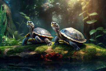 Aufkleber - A pair of turtles basking on a log in a terrarium, representing the calm and low-maintenance nature of keeping turtles as pets. Generative AI technology.