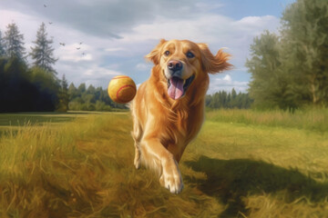 Poster -  A golden retriever playing fetch with a ball in a grassy park, showcasing the energy and friendliness of this popular family dog breed.  Generative AI technology.