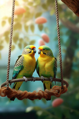 Poster - A pair of parakeets perched on a swing in their cage, showcasing the charm and lively nature of these popular pet birds. Generative AI technology.