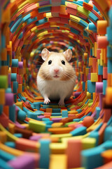 Wall Mural - A hamster exploring a colorful maze in its cage, reflecting the popularity of small rodents as low-maintenance and interactive pets. Generative AI technology.