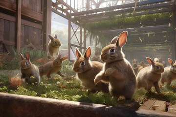 Poster - A group of rabbits hopping and playing in a spacious enclosure, illustrating the trend of creating enriching environments for pet rabbits.  Generative AI technology.