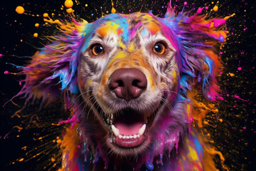 Poster - An vibrant photograph of a Dog splashed in bright paint, contemporary colors and mood social background.  Generative AI technology.