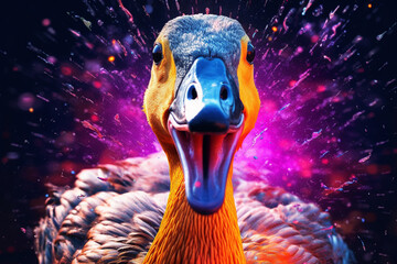 Aufkleber - An vibrant photograph of a Goose splashed in bright paint, contemporary colors and mood social background.  Generative AI technology.