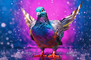 Poster - An vibrant photograph of a Pigeon splashed in bright paint, contemporary colors and mood social background. Generative AI technology.