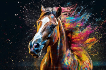Poster - An vibrant photograph of a Horse splashed in bright paint, contemporary colors and mood social background. Generative AI technology.