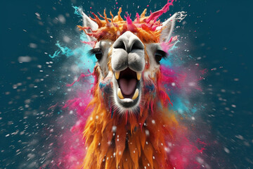 Poster - An vibrant photograph of a Llama splashed in bright paint, contemporary colors and mood social background.  Generative AI technology.