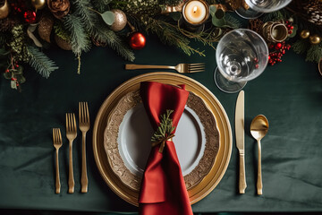 Wall Mural - Christmas table scape, elegant formal dinner table setting, tablescape with holiday decoration for party event celebration, generative ai
