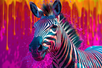 Poster - An vibrant photograph of a Zebra splashed in bright paint, contemporary colors and mood social background.  Generative AI technology.
