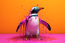  An Vibrant Photograph Of A Penguin Splashed In Bright Paint, Contemporary Colors And Mood Social Background.Generative AI Technology.