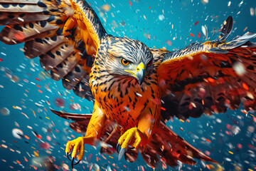 Aufkleber - An vibrant photograph of a Falcon splashed in bright paint, contemporary colors and mood social background. Generative AI technology.