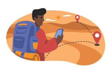 African cartoon smiling guy makes route online on his phone. Discovering new places during travel. Summer vacation trip. Travel agency tour. Adventure tourist and traveler. Vector