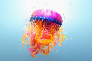 Poster - An vibrant photograph of a Jellyfish splashed in bright paint, contemporary colors and mood social background.  Generative AI technology.