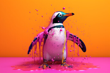 Poster -  An vibrant photograph of a Penguin splashed in bright paint, contemporary colors and mood social background.Generative AI technology.