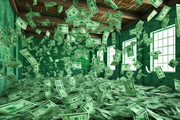 Leinwandbilder -  A digital visualization of falling dollar bills in a virtual reality environment, creating an immersive experience of the currency's decline.  Generative AI technology.