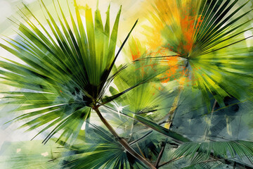 Poster -  An abstract ink painting of palm leaves with delicate brushstrokes and ink washes, capturing the organic flow and graceful movement of the foliage.  Generative AI technology.