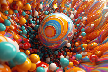 Poster - A digital artwork featuring abstract balloons arranged in a spiral or whirlpool formation, creating a visually captivating and dynamic representation of movement and energy.  Generative AI technology.