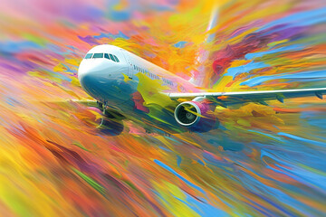 Poster -  An artistic representation of abstract airplanes in motion, with dynamic brushstrokes and energetic lines, capturing the excitement and energy of flight.  Generative AI technology.