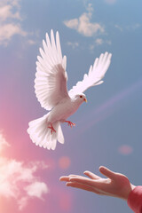 Leinwandbilder -  An illustration of a person releasing a dove into the sky, symbolizing the spreading of hope, peace, and goodwill.  Generative AI technology.