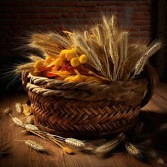 Aufkleber -  An image of a rustic wooden basket filled with freshly harvested wheat ears, symbolizing the abundance of the harvest season. Generative AI technology.