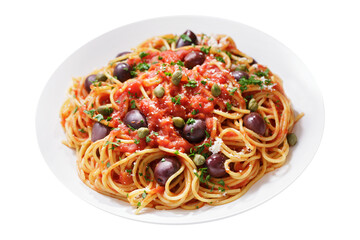 Wall Mural - Plate of pasta puttanesca with olives, tomato sauce, anchovies and capers isolated on transparent background