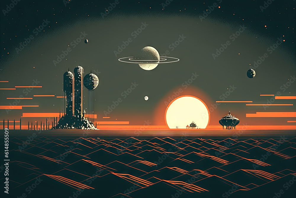 Retro styled sci-fi landscape with mountains. Retro futuristic science ...