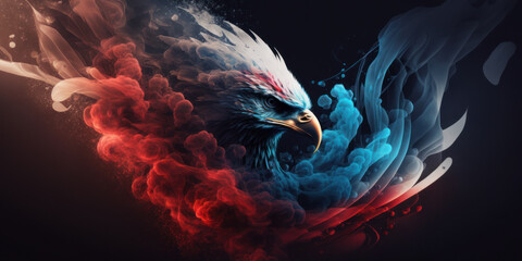 Eagle head in red and blue smoke isolated on black background.