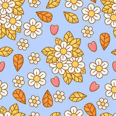 Wall Mural - Retro seamless pattern with Daisy Flower Power on  blue background with leaves and hearts. Groovy vector Illustration for wallpaper, design, textile, packaging, decor.