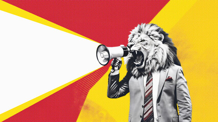 Art collage. A lion with a megaphone. Promotion, action, ad, job questions, discussion. Vacancy. Business concept, communication, information, news, boss, team media relations. Partial Generative AI.