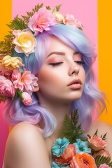 Wall Mural - Love, beautiful woman portrait with vivid, fresh, Spring, flowers, beauty in costume of Spring. Pastel background. Valentine's Day