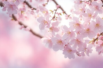 Wall Mural - Selective soft focus flowering cherry tree branch with pink flowers on blurred pink and green background, ai generative