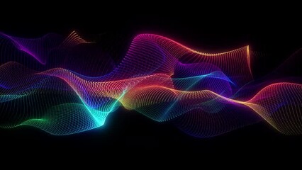 Poster - 4k wavy lines. neon particles. flowing lines. abstract background. isolated on black. 60 fps seamles