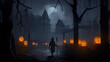 Gloomy Halloween illustration. A dark stranger walks through the dark misty streets of an old town decorated with glowing pumpkins. Generative Ai.