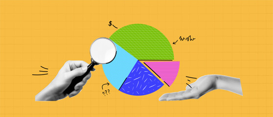 Wall Mural - vector illustration with hands and a graphic. halftone collage in bright colours. hand with magnifyi