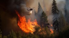 Helicopter Dropping Fire Retardant On The Edge Of A Forest