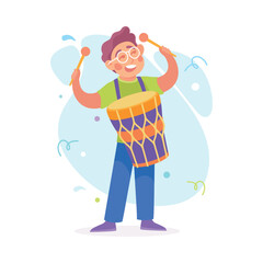 Wall Mural - Man Character Dressed in Carnival and Party Outfit Beat Drum Vector Illustration