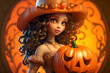 © Karrrtinki - A charming caucasian gothic doll girl dressed in Victorian attire, holding Halloween jack-o-lantern pumpkin. She's set for a Halloween party. 3d art cartoon style character illustration.