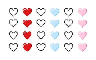 Wall Mural - Icons of hearts. Set of hearts icons in pixel style. Vector scalable graphics